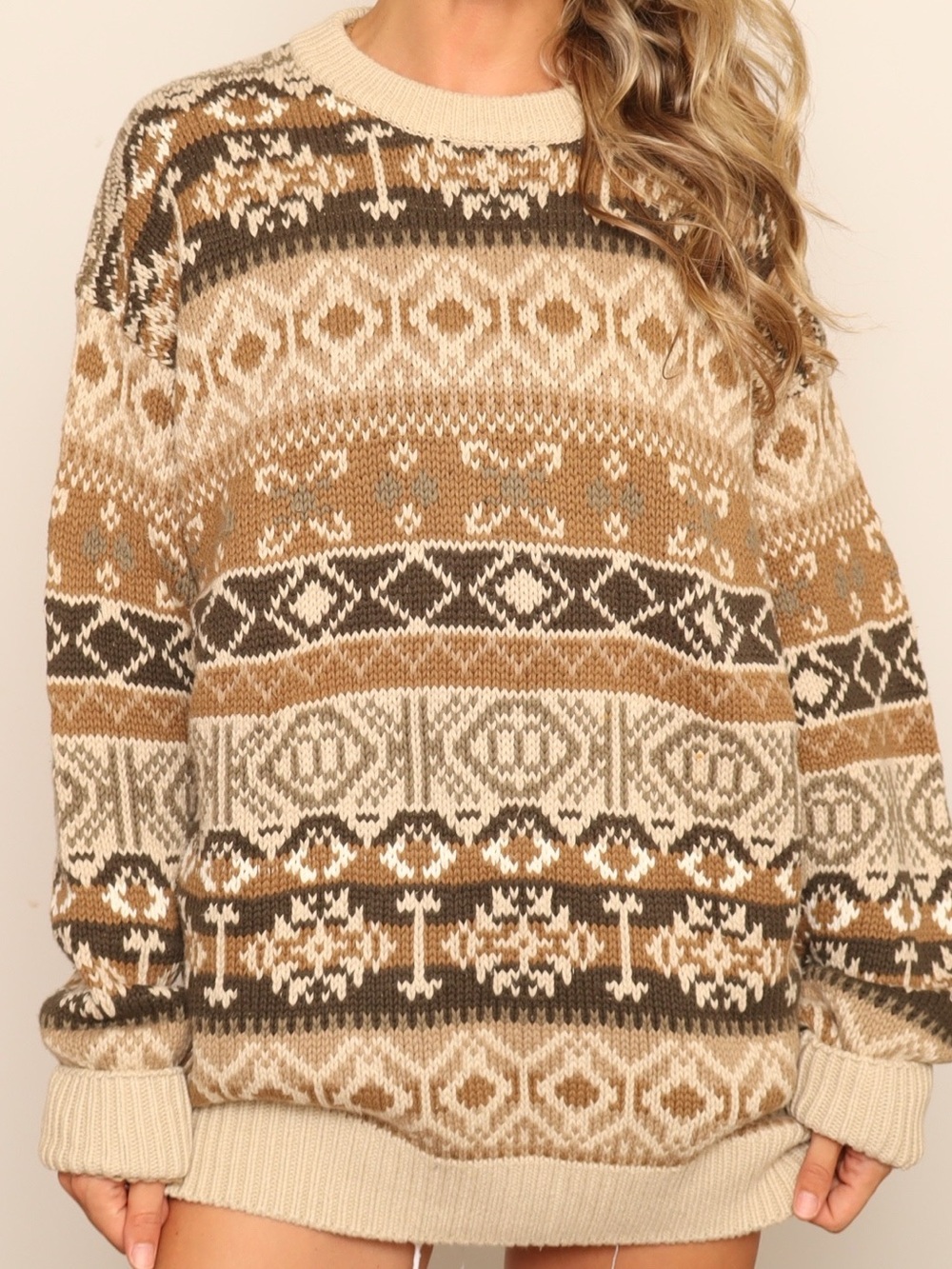 Vintage Grandpa Sweater 100% Cotton Beige & Brown Patterned Crewneck Sweater - Picture 3 of 4